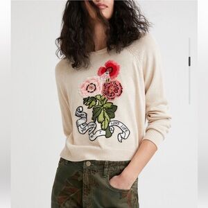 Super Rare Desigual Beige Sweater Floral Embroidery I Love You I Love Me Size L